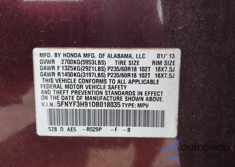 2013 Honda Pilot Touring z USA, uszkodzony, nr VIN 5FNYF3H91DB018035